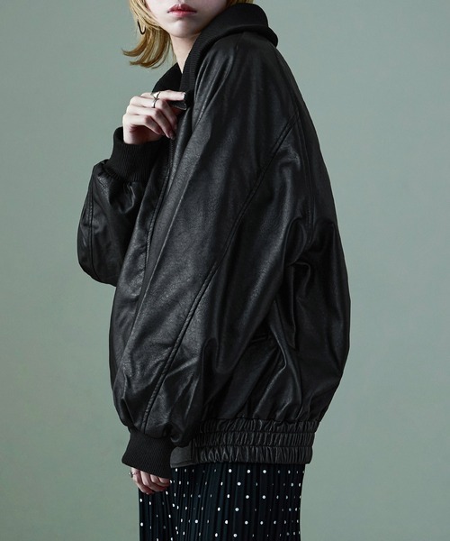 Fashion Letter(ファッションレター)の「オーバーサイズ スタンドカラー フェイクレザーブルゾン ユニセックス ドロップショルダー(ブルゾン・レディース・ブラウン/ブラック・M)」の9枚目の写真