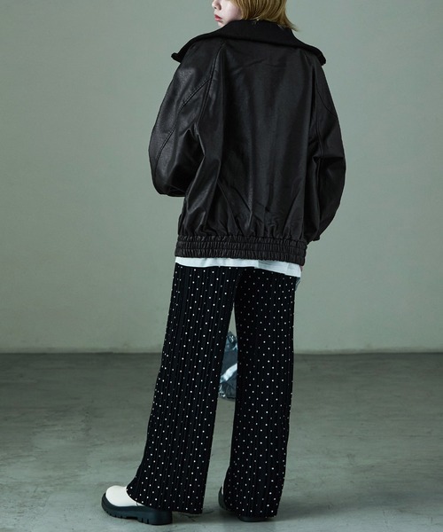Fashion Letter(ファッションレター)の「オーバーサイズ スタンドカラー フェイクレザーブルゾン ユニセックス ドロップショルダー(ブルゾン・レディース・ブラウン/ブラック・M)」の11枚目の写真