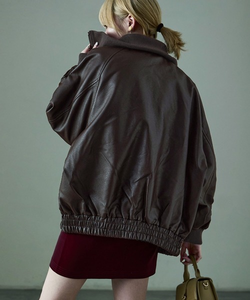 Fashion Letter(ファッションレター)の「オーバーサイズ スタンドカラー フェイクレザーブルゾン ユニセックス ドロップショルダー(ブルゾン・レディース・ブラウン/ブラック・M)」の15枚目の写真