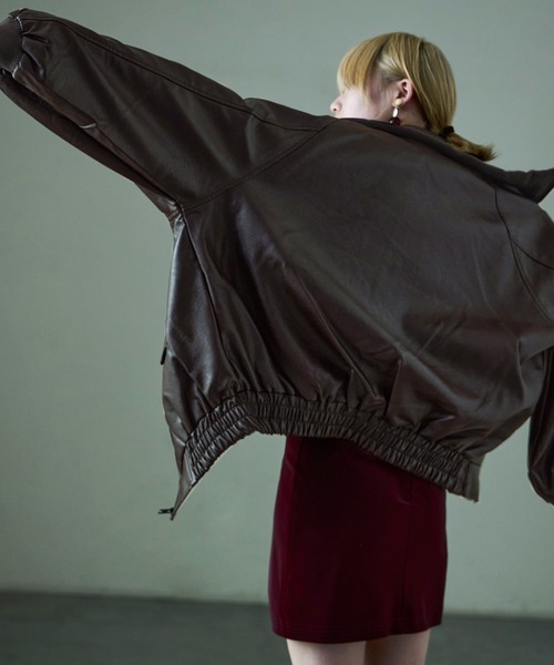 Fashion Letter(ファッションレター)の「オーバーサイズ スタンドカラー フェイクレザーブルゾン ユニセックス ドロップショルダー(ブルゾン・レディース・ブラウン/ブラック・M)」の20枚目の写真