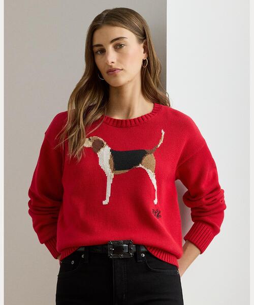 美品【LAUREN RALPH LAUREN】コットンインターシャニット ドッグ セール】ドッグインターシャ コットン セーター（ニット/セーター