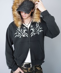 SPINNS | 2WAY短丈ダブルジップパーカー/トライバルデザイン/フェイクファー取り外し可能(パーカー)