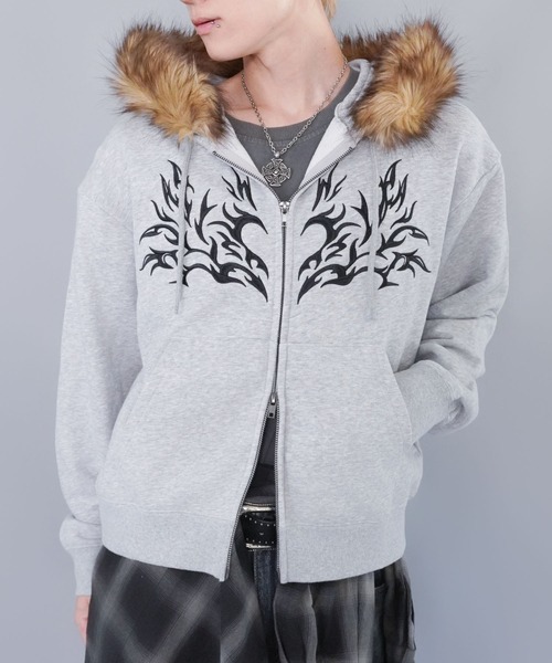 2WAY短丈ダブルジップパーカー/トライバルデザイン/フェイクファー