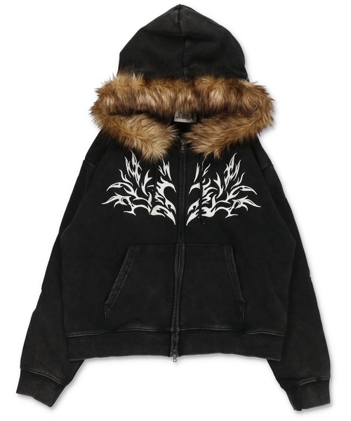 SPINNS(スピンズ)の「2WAY短丈ダブルジップパーカー/トライバルデザイン/フェイクファー取り外し可能(パーカー・メンズ・ブラック/杢グレー/ブラック系その他/ウッドランド・ONESIZE)」の6枚目の写真