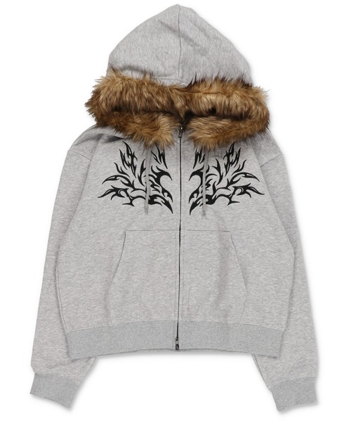 SPINNS(スピンズ)の「2WAY短丈ダブルジップパーカー/トライバルデザイン/フェイクファー取り外し可能(パーカー・メンズ・ブラック/杢グレー/ブラック系その他/ウッドランド・ONESIZE)」の7枚目の写真