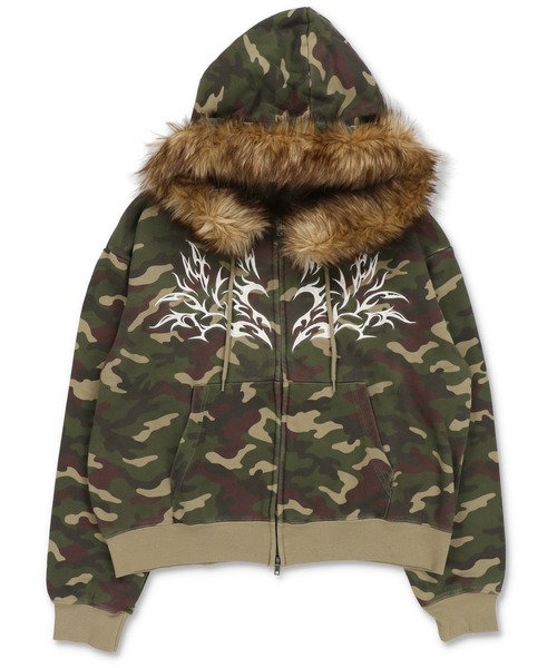 SPINNS(スピンズ)の「2WAY短丈ダブルジップパーカー/トライバルデザイン/フェイクファー取り外し可能(パーカー・メンズ・ブラック/杢グレー/ブラック系その他/ウッドランド・ONESIZE)」の20枚目の写真