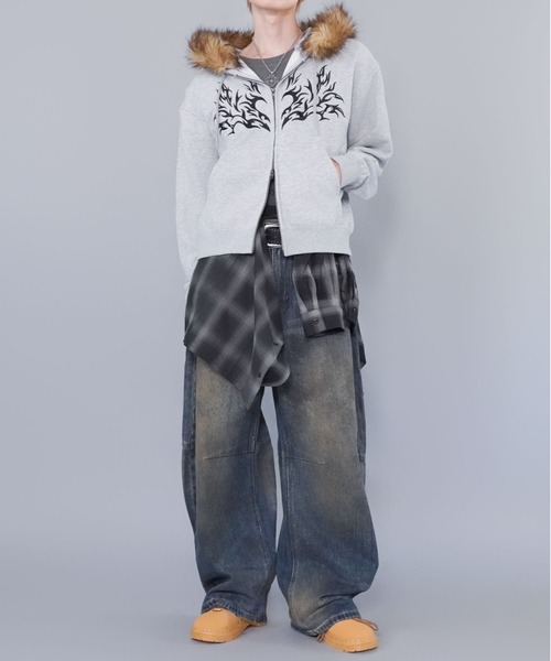 SPINNS(スピンズ)の「2WAY短丈ダブルジップパーカー/トライバルデザイン/フェイクファー取り外し可能(パーカー・メンズ・ブラック/杢グレー/ブラック系その他/ウッドランド・ONESIZE)」の19枚目の写真