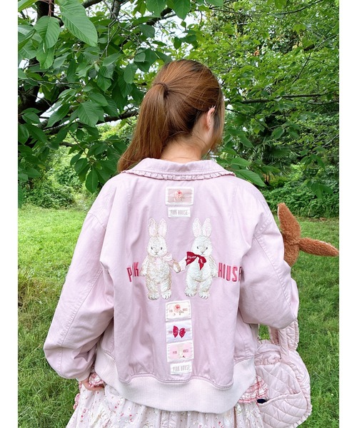 【入手困難】 ピンクハウス ロゴ刺繍 スタジャン レザー 犬　花　ピンク　中綿 バラ園うさぎ刺繍ブルゾン（ブルゾン）｜PINK HOUSE（ピンク