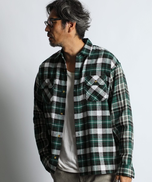The DUFFER of ST.GEORGE（ザダファーオブセントジョージ）の「SWITCHING FLANNEL CHECK SHIRT：切替デザイン フランネル チェックシャツ（シャツ/ブラウス・メンズ・グリーン/ブラウン・X-LARGE/LARGE/MEDIUM）」の5枚目の写真