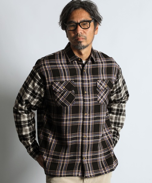 The DUFFER of ST.GEORGE（ザダファーオブセントジョージ）の「SWITCHING FLANNEL CHECK SHIRT：切替デザイン フランネル チェックシャツ（シャツ/ブラウス・メンズ・グリーン/ブラウン・X-LARGE/LARGE/MEDIUM）」の3枚目の写真