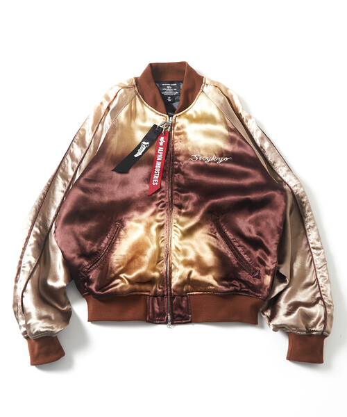 Alpha Industries（アルファインダストリーズ）の「Alpha Industries/アルファ インダストリーズ 別注 Tempaly × Alpha Industries × FREAK'S STORE エイジング加工 レーヨンサテン スカジャン（MA-1・メンズ・ブルー/ブラウン・SMALL/MEDIUM/LARGE/X-LARGE）」の3枚目の写真