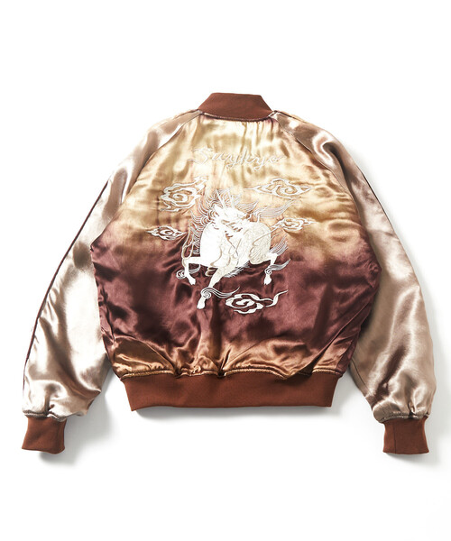 Alpha Industries（アルファインダストリーズ）の「Alpha Industries/アルファ インダストリーズ 別注 Tempaly × Alpha Industries × FREAK'S STORE エイジング加工 レーヨンサテン スカジャン（MA-1・メンズ・ブルー/ブラウン・SMALL/MEDIUM/LARGE/X-LARGE）」の5枚目の写真