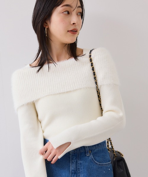 VIS（ビス）の「フェザーヤーンオフショルもちもちリブニット/イージーケア（ニット/セーター・レディース・ブルー系その他4/ブラック/ライトグレー/オフホワイト・FREE）」の2枚目の写真