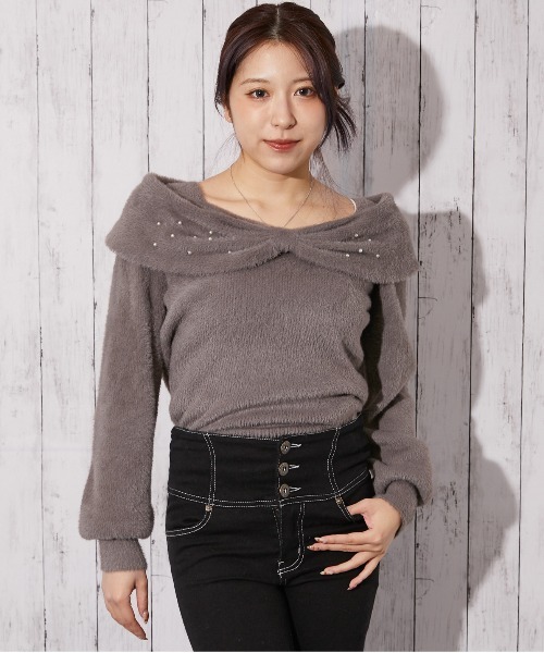 GORGE(ゴージ)の「《パール×リボンデザイン》レディース フェザーニット プルオーバー フェミニン 秋冬(ニット/セーター・レディース・アイボリー/ピンク/チャコール/サックスブルー・F)」の8枚目の写真