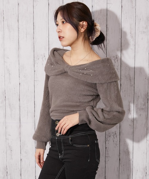 GORGE(ゴージ)の「《パール×リボンデザイン》レディース フェザーニット プルオーバー フェミニン 秋冬(ニット/セーター・レディース・アイボリー/ピンク/チャコール/サックスブルー・F)」の9枚目の写真