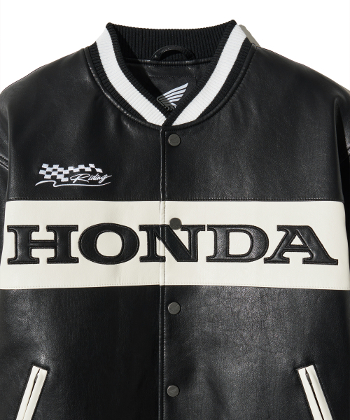 ホンダロゴ　ライダースジャケット セール】Wappen Leather Varsity Jacket_Black（ライダースジャケット