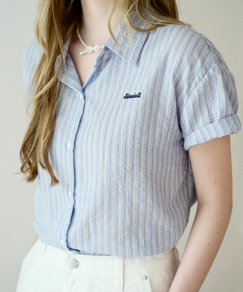 SLOWLOLLI（スローローリ）の「Accent stripe short-sleeve shirt_2 Colors（シャツ/ブラウス・レディース・スカイブルー/Cream・FREE）」の5枚目の写真