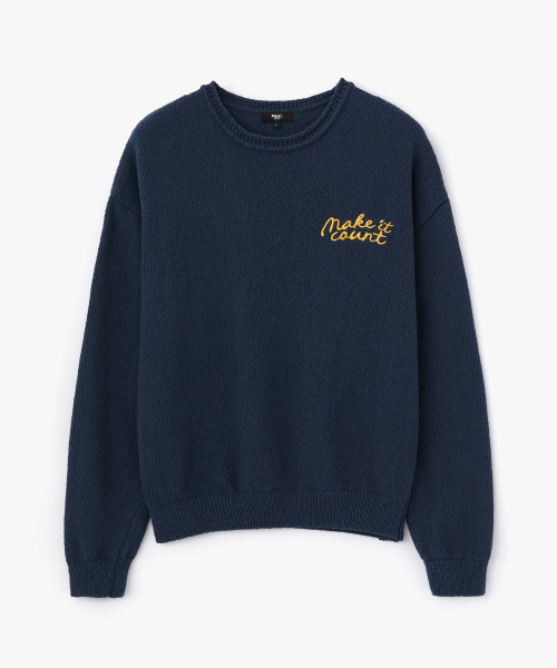 WMC(ダブリューエムシー)の「スローガン刺繍ニット_NAVY(ニット/セーター・メンズ・ネイビー・MEDIUM/LARGE/X-LARGE)」の2枚目の写真
