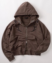 RESHAM（レーシャム）の「【82】ケミカル加工 トライバル刺繍 ショート丈 ジップパーカー/裏毛/ダブルジップ/メンズ/レディース/ユニセックス（パーカー）」