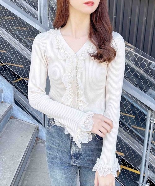 INGNI（イング）の「フリルレースドッキングリブニットカーディガン（カーディガン/ボレロ・レディース・ブラック/アイボリー/グレー・M）」の10枚目の写真