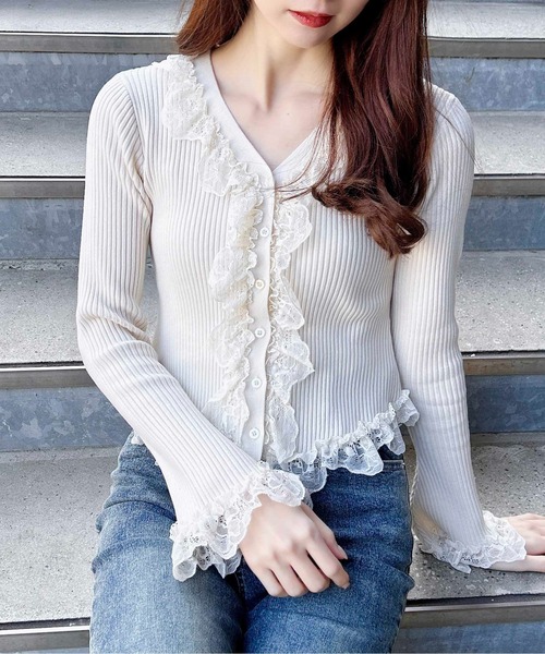 INGNI（イング）の「フリルレースドッキングリブニットカーディガン（カーディガン/ボレロ・レディース・ブラック/アイボリー/グレー・M）」の12枚目の写真