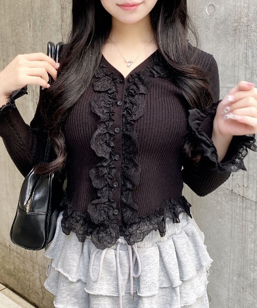 INGNI（イング）の「フリルレースドッキングリブニットカーディガン（カーディガン/ボレロ・レディース・ブラック/アイボリー/グレー・M）」の17枚目の写真