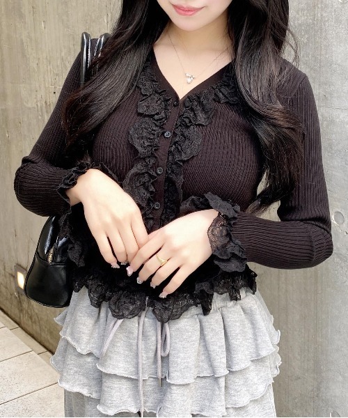 INGNI（イング）の「フリルレースドッキングリブニットカーディガン（カーディガン/ボレロ・レディース・ブラック/アイボリー/グレー・M）」の18枚目の写真