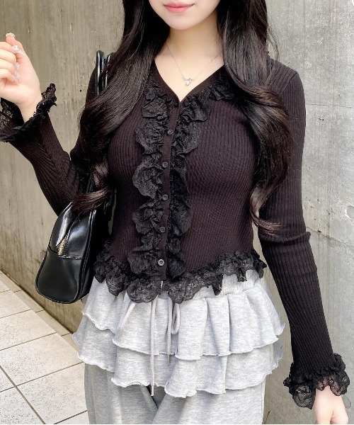 INGNI（イング）の「フリルレースドッキングリブニットカーディガン（カーディガン/ボレロ・レディース・ブラック/アイボリー/グレー・M）」の19枚目の写真