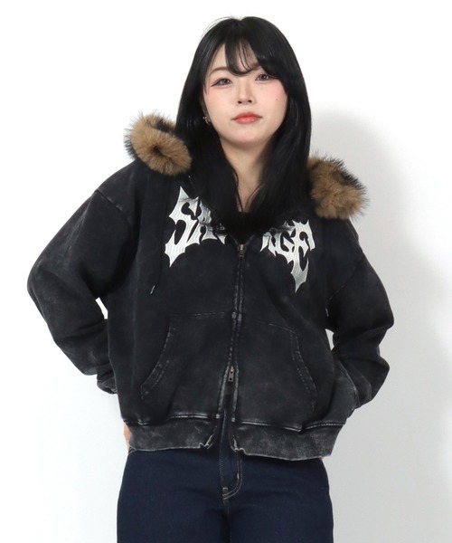 Salong hameu（サロン ハミュー）の「ファー脱着可能 グランジロゴ フード ダブルジップ スウェットパーカー/韓国ストリート/ユニセックス（パーカー・メンズ・ブラック・L/M）」の19枚目の写真