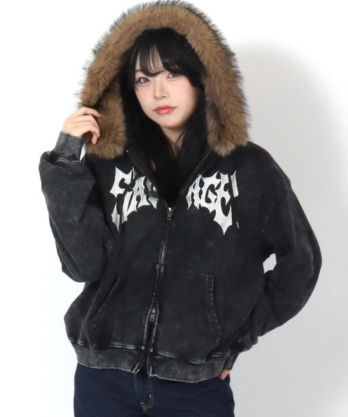 Salong hameu（サロン ハミュー）の「ファー脱着可能 グランジロゴ フード ダブルジップ スウェットパーカー/韓国ストリート/ユニセックス（パーカー・メンズ・ブラック・L/M）」の18枚目の写真