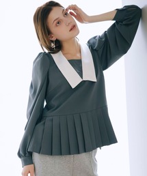 ツイードベルト付半袖ペプラムブラウス 夏服 半袖 フェミニン きれいめ