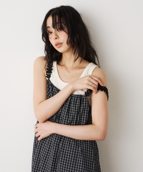 Unitage（ユニテージ）の「モチーフチェックキャミワンピース（ワンピース・レディース・ブラック/ブルー/ピンク・FREE）」の6枚目の写真