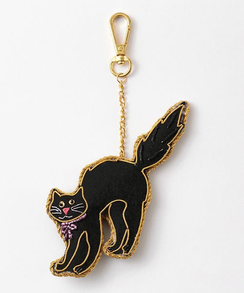 木登りネコちゃん❤ガラスのお星様とブラックフラワーのキーリングチャーム❤ TKK : ザリ刺繍キーホルダー キーチェーン ZARI EMBOIDERY バッグ