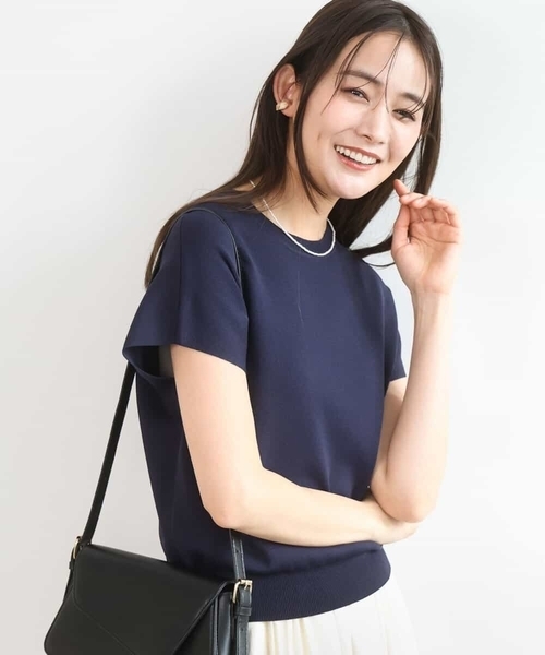 MK MICHEL KLEIN(エムケーミッシェルクラン)の「フレンチスリーブニット/接触冷感/UVカット/洗える(ニット/セーター・レディース・ダークブルー/ネイビー/ホワイト・38)」の2枚目の写真