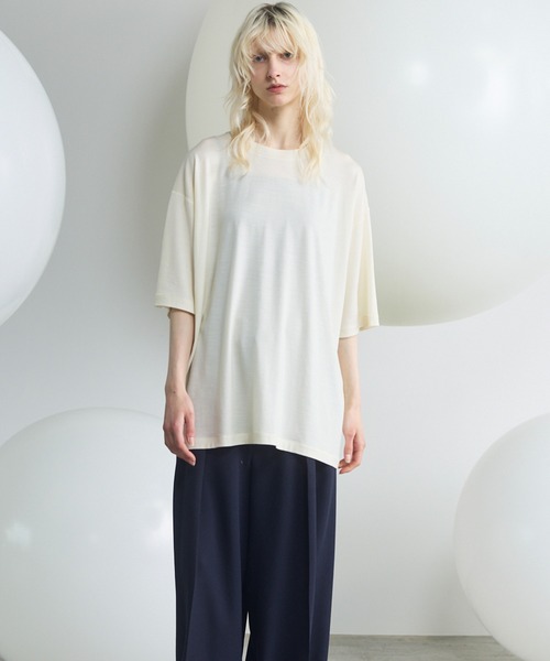 MAISON SPECIAL(メゾンスペシャル)の「《UNISEX》Wool Yarn Prime-Over Short Sleeve Crew Neck T-Shirt/ウールヤーンプライムオーバーショートスリーブクルーネックTシャツ【MAISON SPECIAL/メゾンスペシャル】(Tシャツ/カットソー・メンズ・ブラック/アイボリー/ピンク/ライトグリーン・2/1/0)」の10枚目の写真