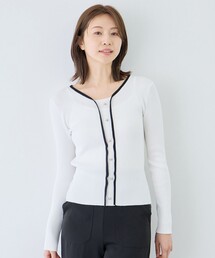 配色Vネックリブニット