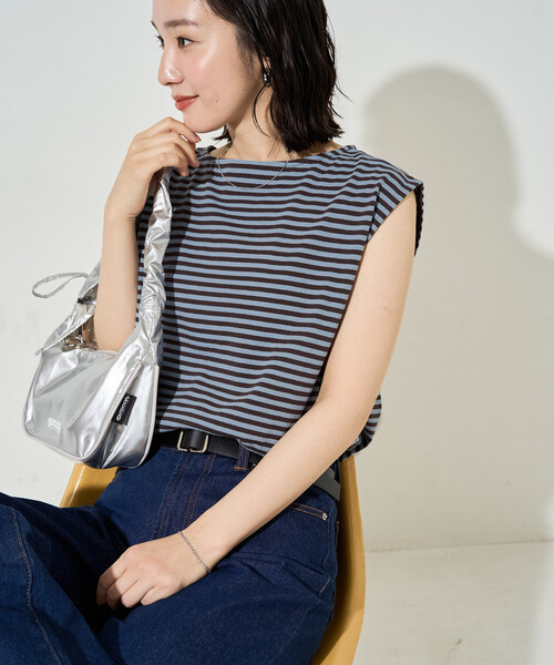 FREAK'S STORE(フリークスストア)の「限定展開 ボーダー ノースリーブ Tシャツ(Tシャツ/カットソー・レディース・ブラック/チャコールグレー/ネイビー/イエロー/ブラウン/レッド・フリ-)」の2枚目の写真