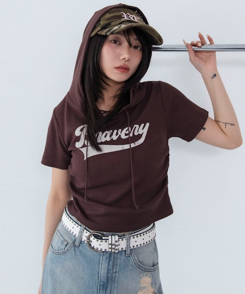 WEGO(ウィゴー)の「WEGO/レースアップフードちびT(Tシャツ/カットソー・レディース・スミクロ/ブラウン/その他1・FREE)」の1枚目の写真