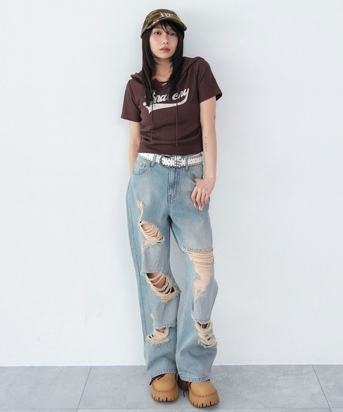 WEGO(ウィゴー)の「WEGO/レースアップフードちびT(Tシャツ/カットソー・レディース・スミクロ/ブラウン/その他1・FREE)」の4枚目の写真