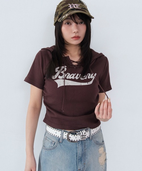 WEGO(ウィゴー)の「WEGO/レースアップフードちびT(Tシャツ/カットソー・レディース・スミクロ/ブラウン/その他1・FREE)」の9枚目の写真