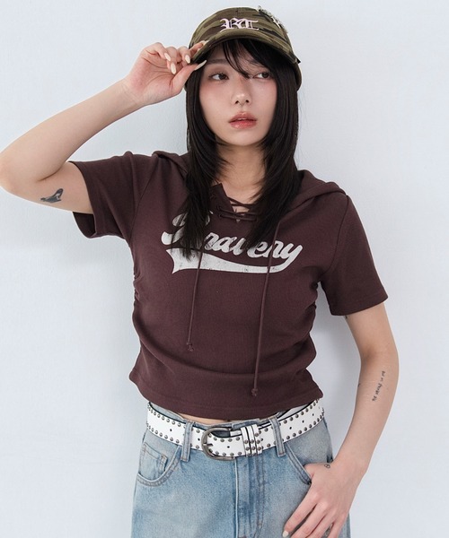 WEGO(ウィゴー)の「WEGO/レースアップフードちびT(Tシャツ/カットソー・レディース・スミクロ/ブラウン/その他1・FREE)」の11枚目の写真