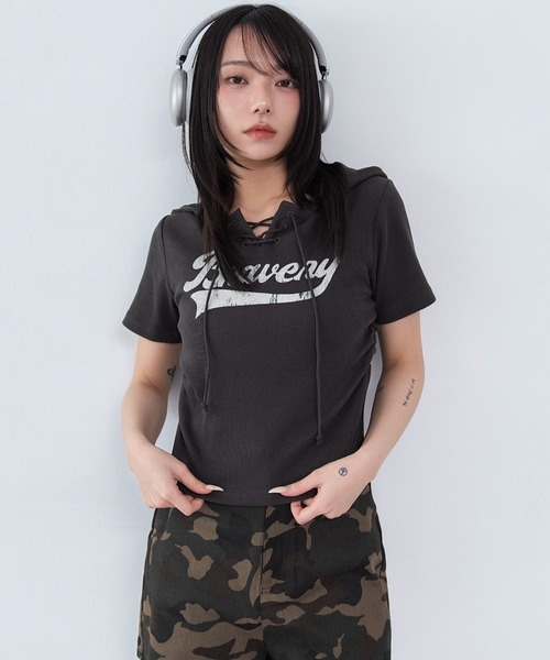 WEGO(ウィゴー)の「WEGO/レースアップフードちびT(Tシャツ/カットソー・レディース・スミクロ/ブラウン/その他1・FREE)」の16枚目の写真