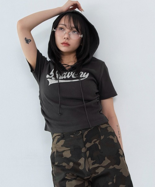 WEGO(ウィゴー)の「WEGO/レースアップフードちびT(Tシャツ/カットソー・レディース・スミクロ/ブラウン/その他1・FREE)」の20枚目の写真