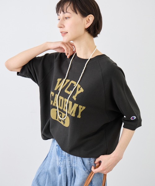 Champion(チャンピオン)の「【Champion/チャンピオン別注】アソートロゴボートネックハーフスリーブスウェットプルオーバー(Tシャツ/カットソー・レディース・ブラック/グレー系その他/サックスブルー/ライトグレー・FREE)」の14枚目の写真