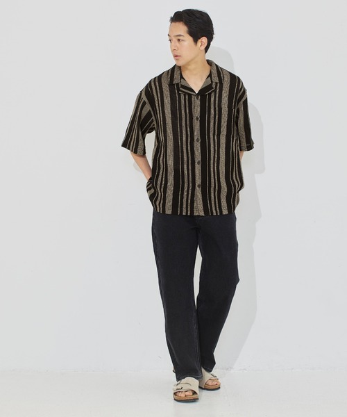 coca(coca)(コカ)の「透かしストライプ柄半袖オープンカラーシャツ(シャツ/ブラウス・メンズ・カーキ/ブラック・M/L/XL)」の14枚目の写真