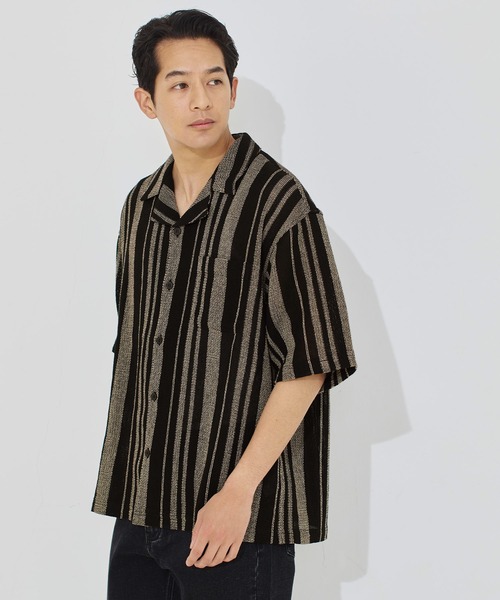 coca(coca)(コカ)の「透かしストライプ柄半袖オープンカラーシャツ(シャツ/ブラウス・メンズ・カーキ/ブラック・M/L/XL)」の15枚目の写真