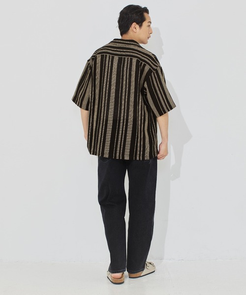 coca(coca)(コカ)の「透かしストライプ柄半袖オープンカラーシャツ(シャツ/ブラウス・メンズ・カーキ/ブラック・M/L/XL)」の8枚目の写真