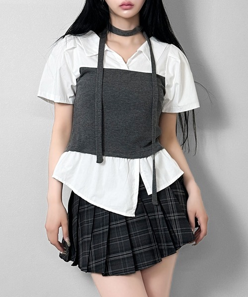 FOLLOWIN(フォロウィン)の「【マフラー付き/3COLOR】レイヤードビスチェシャツ(シャツ/ブラウス・レディース・グレー/ホワイト/ブラック・FREE)」の3枚目の写真
