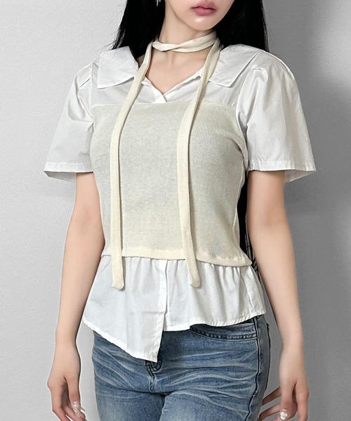 FOLLOWIN(フォロウィン)の「【マフラー付き/3COLOR】レイヤードビスチェシャツ(シャツ/ブラウス・レディース・グレー/ホワイト/ブラック・FREE)」の1枚目の写真
