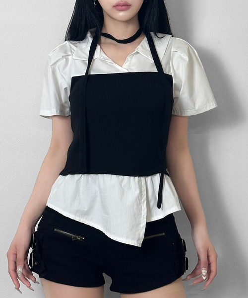 FOLLOWIN(フォロウィン)の「【マフラー付き/3COLOR】レイヤードビスチェシャツ(シャツ/ブラウス・レディース・グレー/ホワイト/ブラック・FREE)」の2枚目の写真